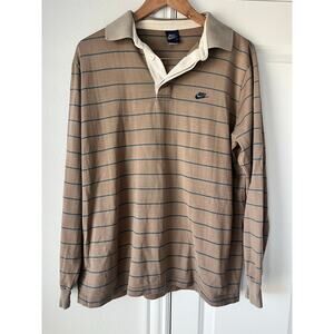 Nike Men's XL Brown Striped Rugby Style Long Sleeve Shirt w/ Henley Button Front